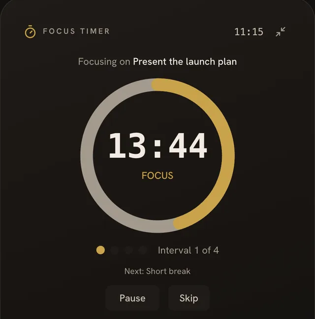 The Flocus pomodoro focus timer mid-session — 13:44 left on the task you planned, ring nearly half closed